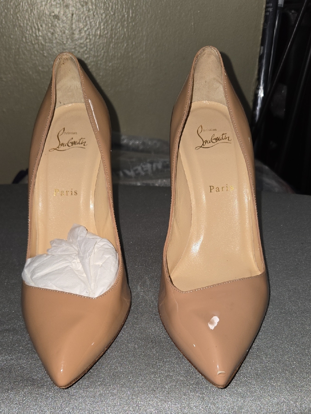 Christian Louboutin Beige Patent Leather Pointed Toe Pumps